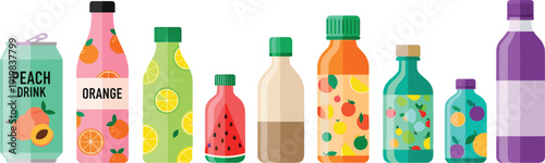 Colorful fruit juice bottles and soda cans vector set with refreshing beverage packaging isolated drink collection