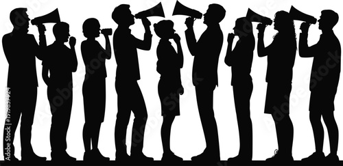 Group of people shouting through megaphones in silhouette, protest rally or marketing announcement concept, crowd communication and public demonstration illustration isolated on white