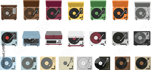 Turntable and Vinyl Record Player Icon Set with Retro Music Devices, DJ Equipment, and Analog Audio Playback Vector Illustrations