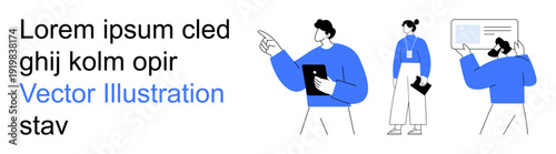 Teamwork, collaboration tools, corporate environment, leadership, technology usage, professional skills. Three people with devices, presenting and discussing ideas. Teamwork and collaboration tools