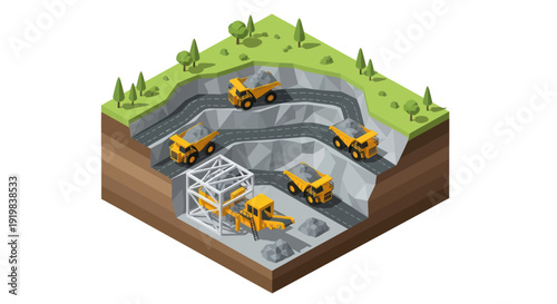 Isometric Open Pit Mine with Heavy Machinery and Excavation.