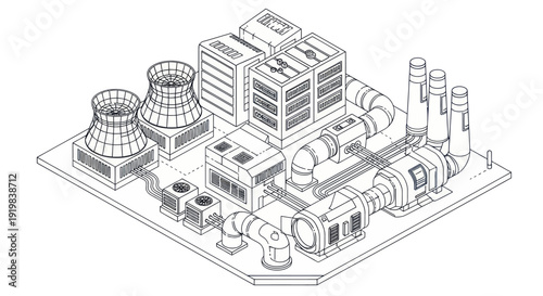 Isometric Outline Drawing of a Detailed Industrial Factory Complex.