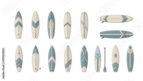 Collection of surfboards and paddleboard.
