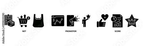 NPS icon set illustration contain net, promotor and score.