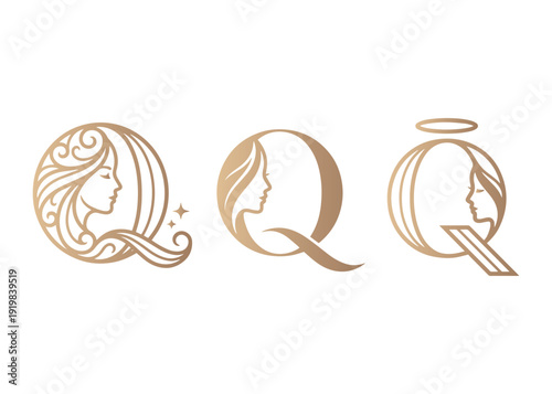 Letter q logo designs with golden woman face and decorative hair swirl details
