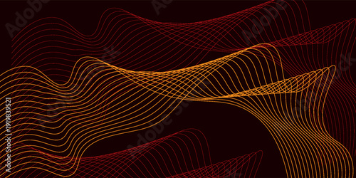 Orange-red flowing wavy pattern with smooth curves, isolated on a transparent background. Vector in the concept of technology, science, music, modernity.