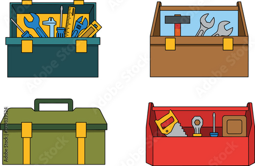 Toolbox Vector Set with Open and Closed Tool Boxes Containing Hand Tools for Repair, Construction, Workshop, and Maintenance Illustrations