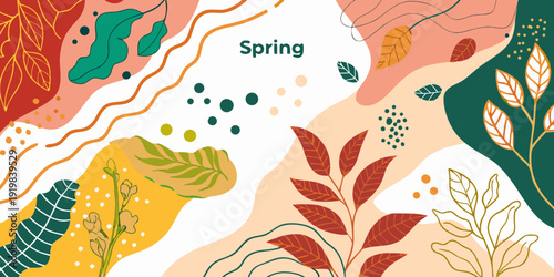 Abstract botanical illustration with colorful shapes and the word spring