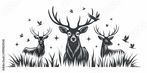 A majestic stag and two deer surrounded by birds in a detailed engraving