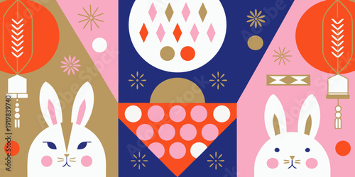 Stylized easter egg and bunny illustration in a mid century modern style