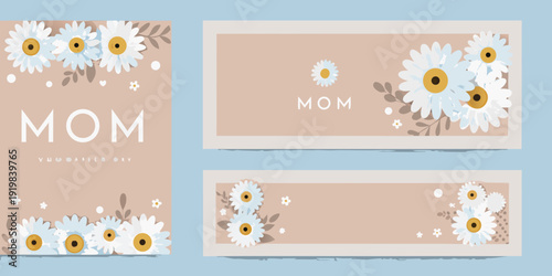 Floral mother s day cards with mom text and daisy illustrations