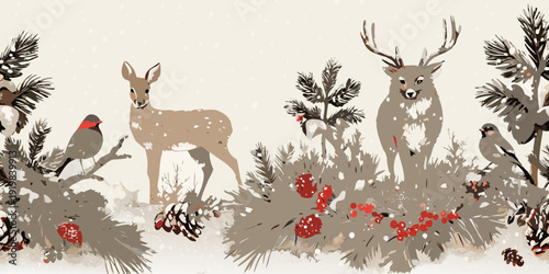 Winter scene featuring deer robins and pine branches with berries