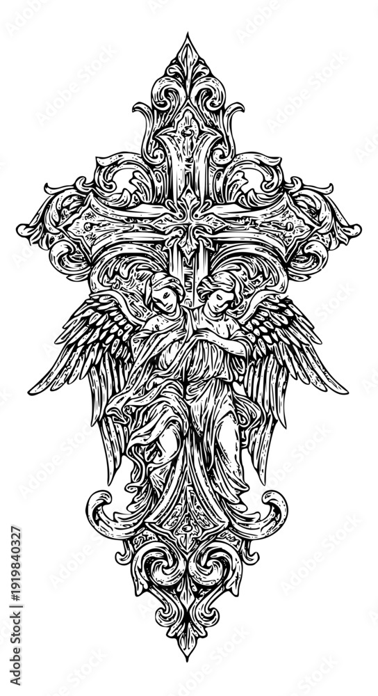 Naklejka premium Intricate cross with angel design in ornate black and white