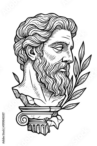 Ancient Greek philosopher bust with laurel leaves on column