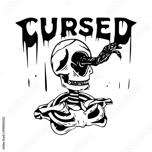Spooky skeleton with cursed branding and eerie atmosphere
