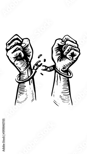 Breaking free with powerful fists shattering handcuffs in bold illustration