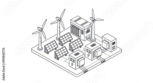 Isometric Renewable Energy System with Wind Turbines and Solar Panels.
