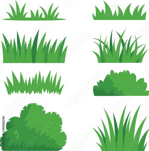 Green grass and bush vector collection, cartoon lawn plants and garden shrubs set, flat design elements isolated on white background for landscape illustration