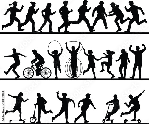 Kids and teenagers active silhouettes set, running, cycling, jumping rope and scooter riding, black vector collection isolated on white background for sports lifestyle concepts