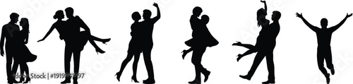 Romantic couple silhouettes vector set, loving man and woman embracing, dancing and celebrating isolated on white background for wedding, relationship and Valentine design projects