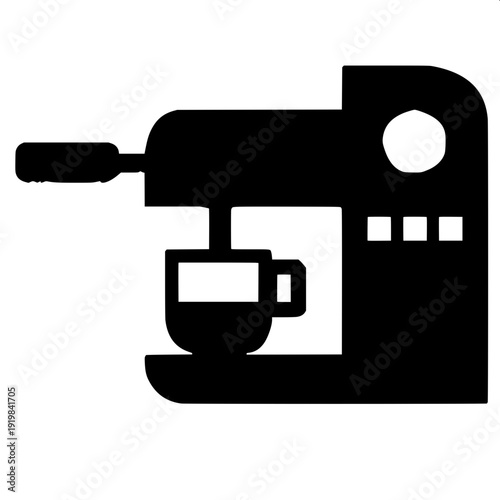 Minimal monochrome coffee maker front view, portafilter handle visible, cup on tray, flat vector design