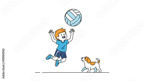 Active young boy jumping high to hit a volleyball while his loyal dog watches the game with excitement in an outdoor play area.
