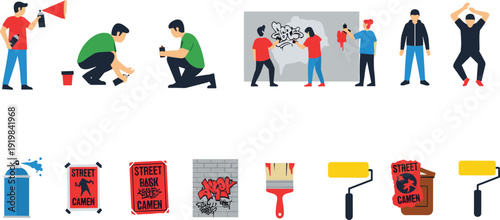 Street Art and Graffiti Vector Icon Set with Artists, Protest Actions, Spray Paint, Posters, and Urban Creative Expression Elements