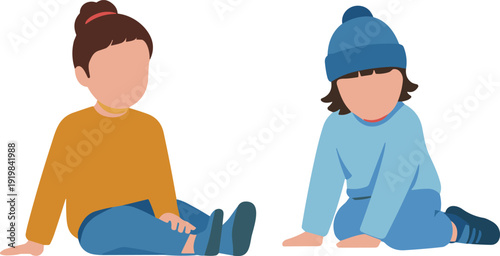 Two little children sitting on floor, cute kids in casual clothes flat vector illustration isolated background