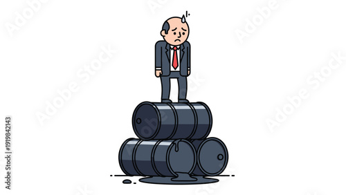 Worried businessman in a suit stands on top of leaking black oil barrels symbolizing economic crisis or environmental issues.
