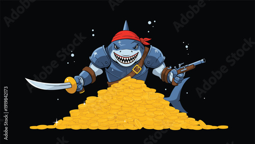 Powerful shark pirate wearing armor and a red bandana guards a massive treasure pile of gold coins with a sword and pistol.