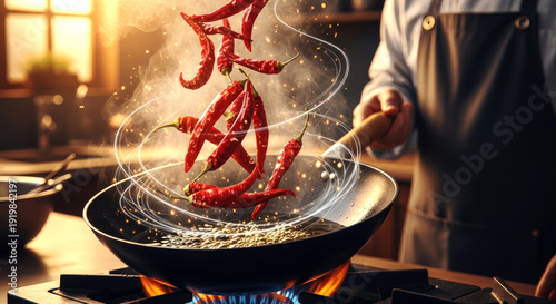 Professional chef stir frying red chili peppers in a hot wok with steam and fire