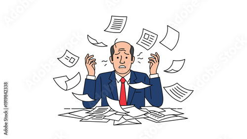 Stressed businessman in a suit looks overwhelmed as a large amount of paperwork and documents fly through the air around him.