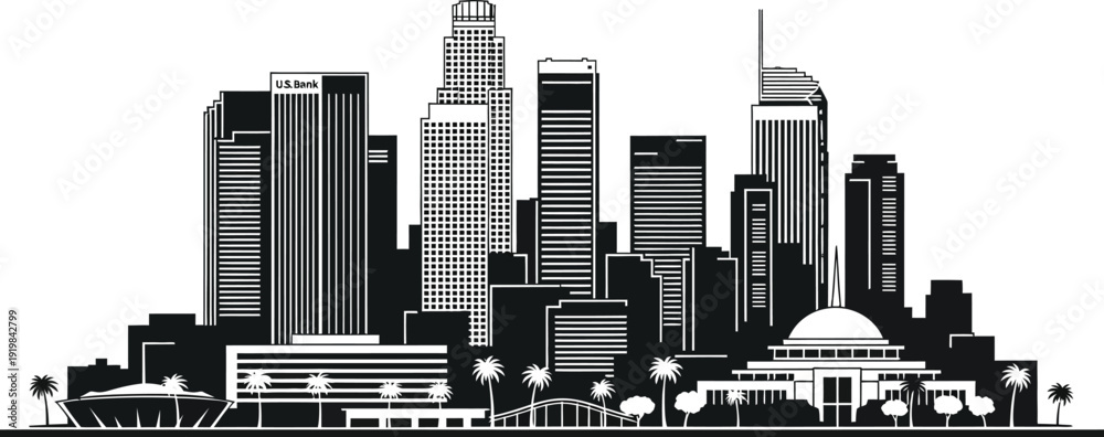 Εκτύπωση καμβά Los angeles cityscape with modern buildings and palm trees a striking silhouette