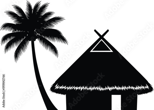 Tropical palm tree and beach hut in stark contrast a dark silhouette