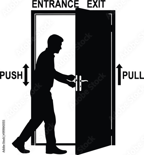 Man opening a door with signage a striking black silhouette