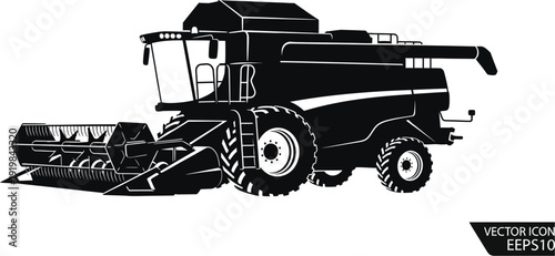 Detailed black silhouette of a combine harvester working in a field silhouette