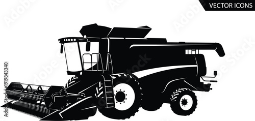 Black silhouette of a combine harvester against a stark white background silhouette