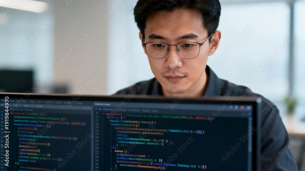 Naklejka premium Young man coding on computer