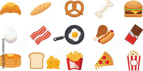 Breakfast and Fast Food Icon Set Croissant Burger Pizza Fries Vector Collection