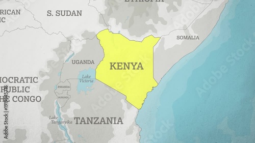 Basemap with a Zoom of the Kenya Highlighted in Yellow. Generic World Map Animation