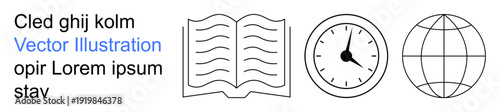 Education, learning resources, time management, global communication, productivity concepts. Open book, clock, globe icon in a minimalist style. Education and time management theme