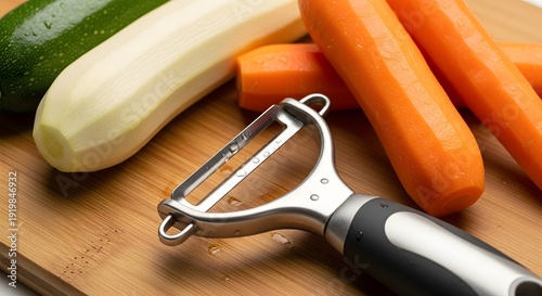 Vegetable peeler and fresh vegetables on cutting board