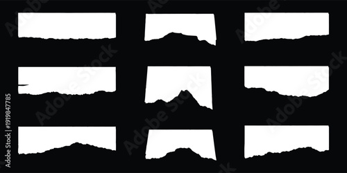 Collection of white torn paper strips with rough edges. Realistic ripped banners isolated on black background. Grunge tear elements for posters, mockups, and creative layouts. 
