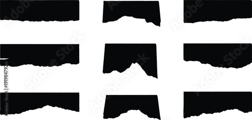 Set of torn paper strips with rough ripped edges. Black grunge banners isolated on white background. Realistic tear elements for posters, collages, and web design. 