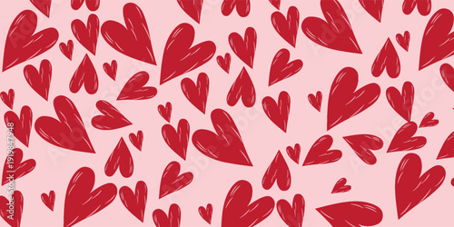 Creative concept for a Happy Valentine's Day greeting card. Modern abstract art background with hand-drawn red hearts pattern on pink. Vector illustration.