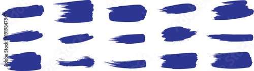 Set of blue brush stroke swatches on white background. Abstract paint smears with textured bristle edges. Creative artistic elements for branding, posters, and modern design. 