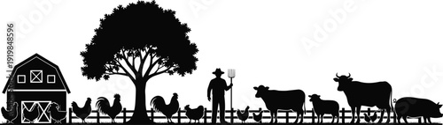 Black Farm Silhouette Vector Illustration Featuring Barn House Large Tree Farmer with Pitchfork Cows Sheep Pigs Roosters and Chickens Standing Behind a Wooden Fence