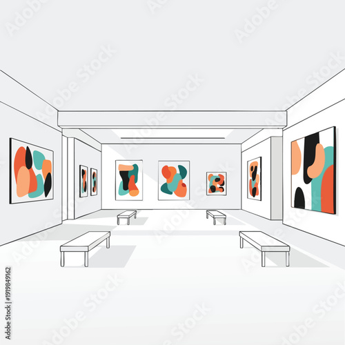 Modern Art Gallery Interior with Colorful Abstract Paintings on White Walls