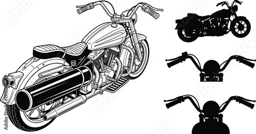 Detailed Hand Drawn Vintage Chopper Motorcycle Vector Illustration Featuring Rear Perspective View and Black Silhouettes for Biker Tattoos Custom Garage Logos and Transportation Graphics
