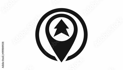 Black map pin icon with arrow pointing upwards inside a circular border.